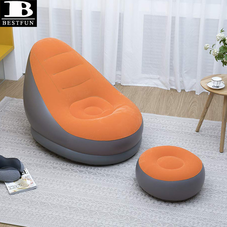 factory customized flocking orange inflatable lounge chair with ottoman folding portable blow up chaise air lazy sofa set