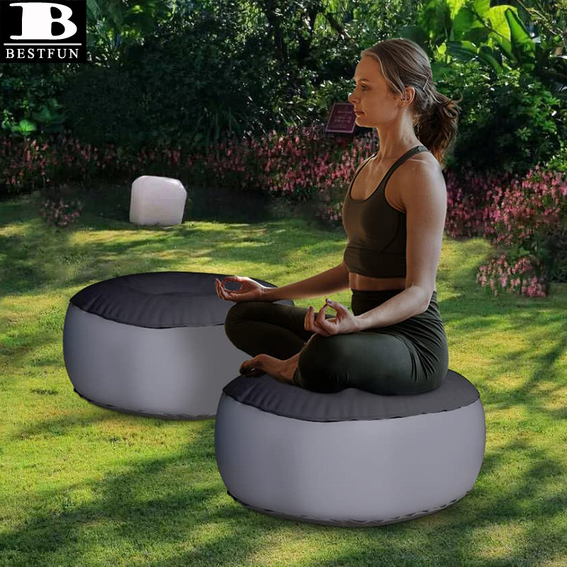 factory customized downy flocking inflatable foot stool folding portable round air ottoman for home outdoor office camping yoga