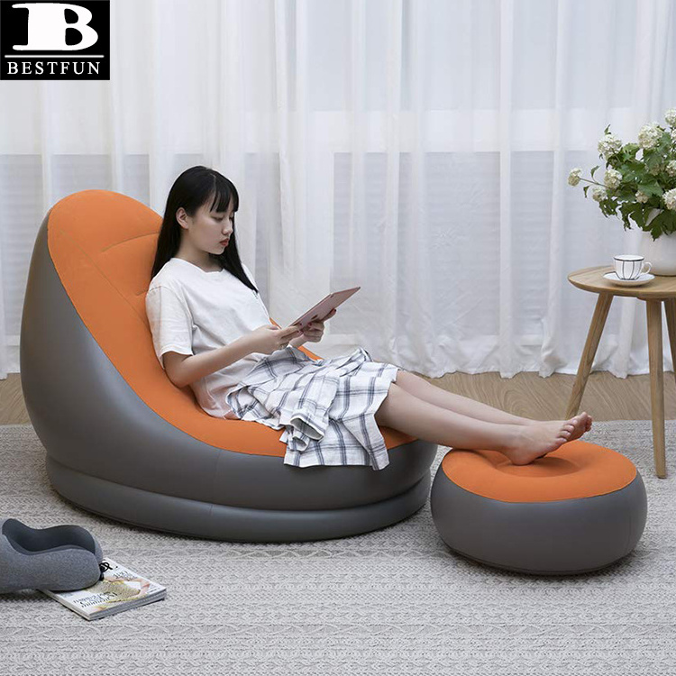 factory customized flocking orange inflatable lounge chair with ottoman folding portable blow up chaise air lazy sofa set