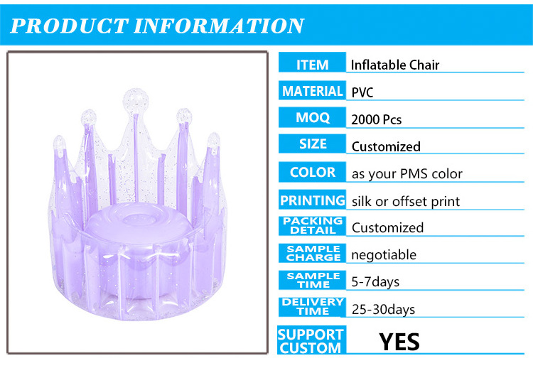 thickened PVC purple and glitter crown kiddie throne lounge chair cute plastic blow up single sofa for home outdoor camping