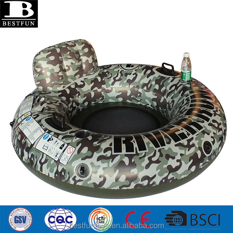 thick PVC camouflage color inflatable mesh float lounge tube with handles and cup holder backrest river run water lounger chair