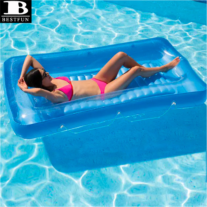 PVC inflatable tanning bed with pillow pool swimming lounger float durable plastic blow up 4 in 1 sun tan tub sunbathing raft