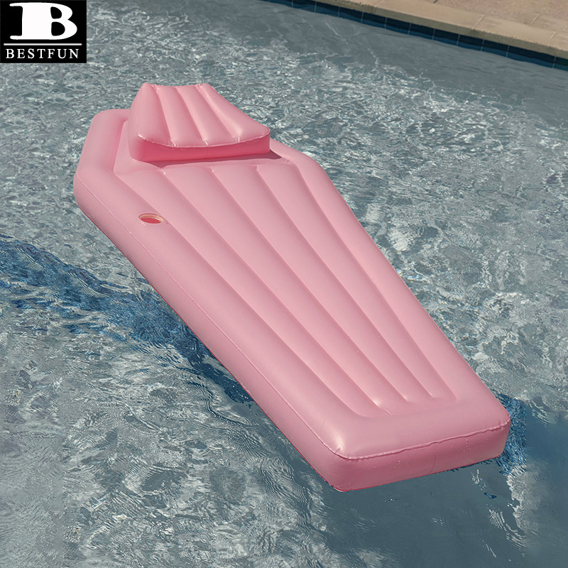 PVC pink inflatable coffin pool mattress float with pillow vinyl blow up water air bed swimming raft lounge island toys