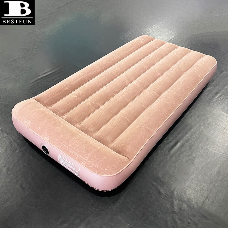 premium flocked top twin size inflatable air mattress bed with built-in pillow folding portable blow up camping airbed furniture