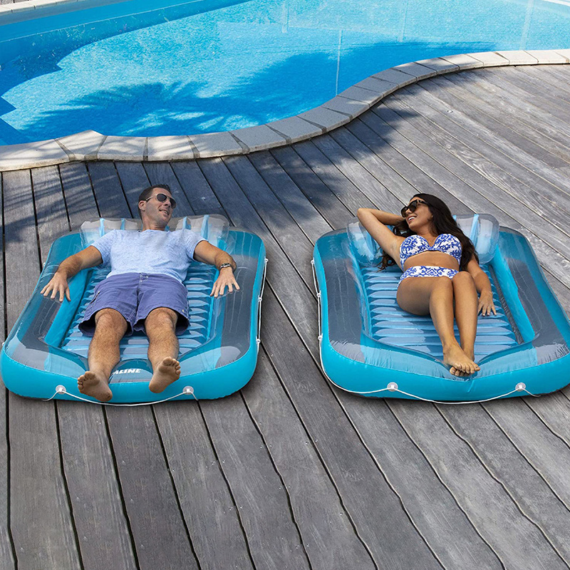 factory customized PVC inflatable tanning pool lounge float water swimming raft floating plastic blow up suntan tub with pillow