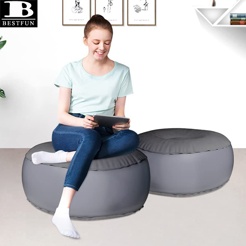 factory customized downy flocking inflatable foot stool folding portable round air ottoman for home outdoor office camping yoga