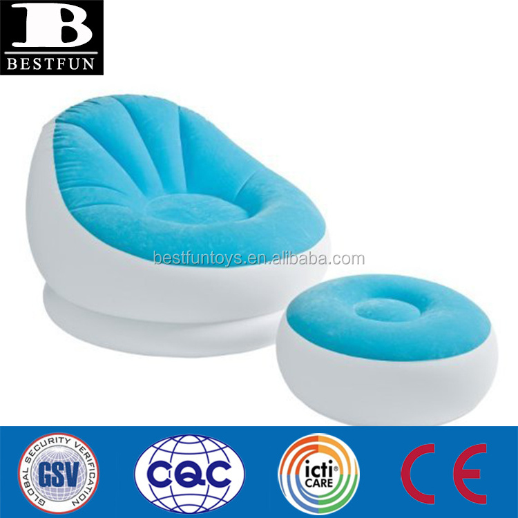 factory customized flocked PVC inflatable colorful cafe chaise lounge chair and ottoman comfortable indoor folding lazy sofa