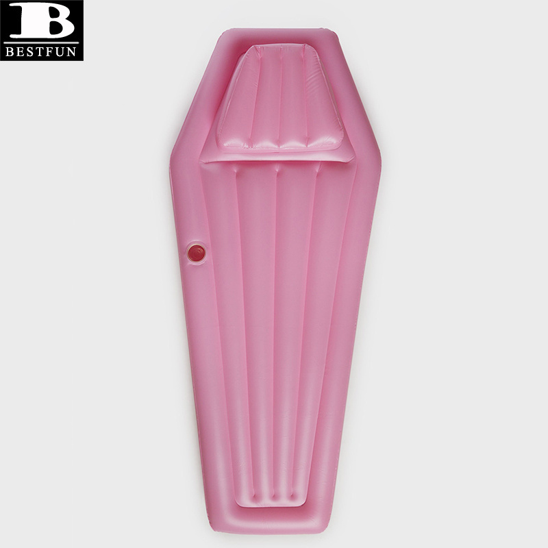 PVC pink inflatable coffin pool mattress float with pillow vinyl blow up water air bed swimming raft lounge island toys