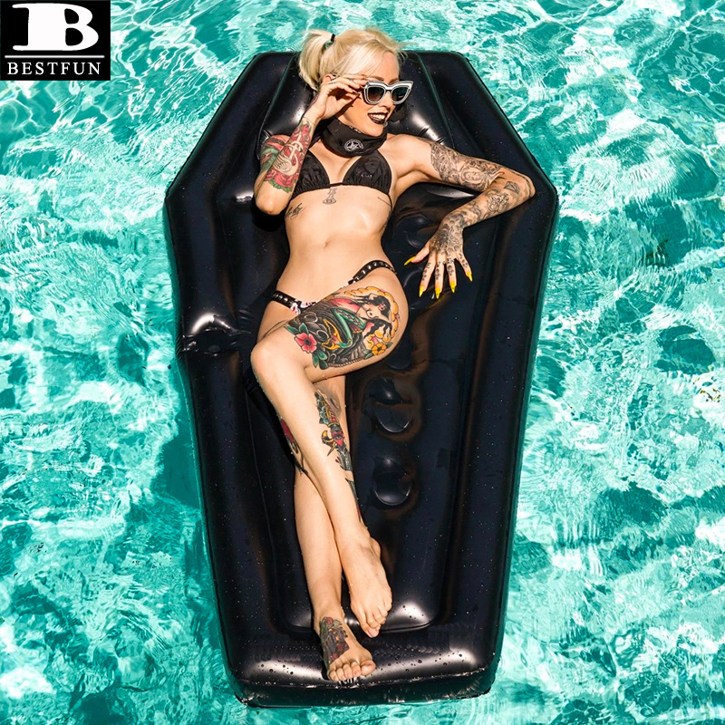 thickened PVC inflatable black coffin pool float durable plastic adults swimming lounge island floating toys