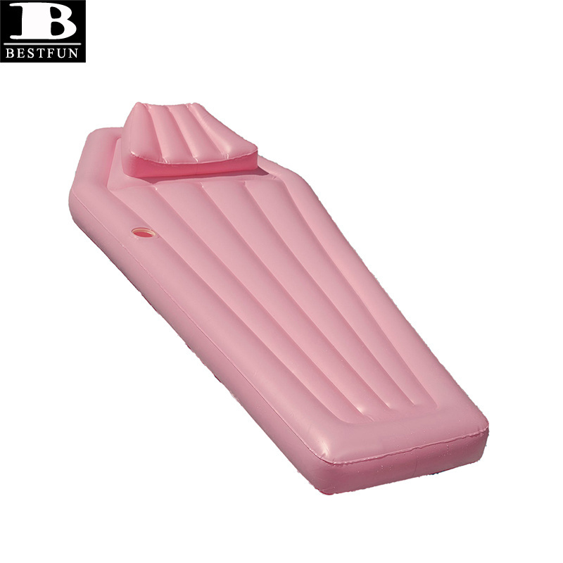 PVC pink inflatable coffin pool mattress float with pillow vinyl blow up water air bed swimming raft lounge island toys