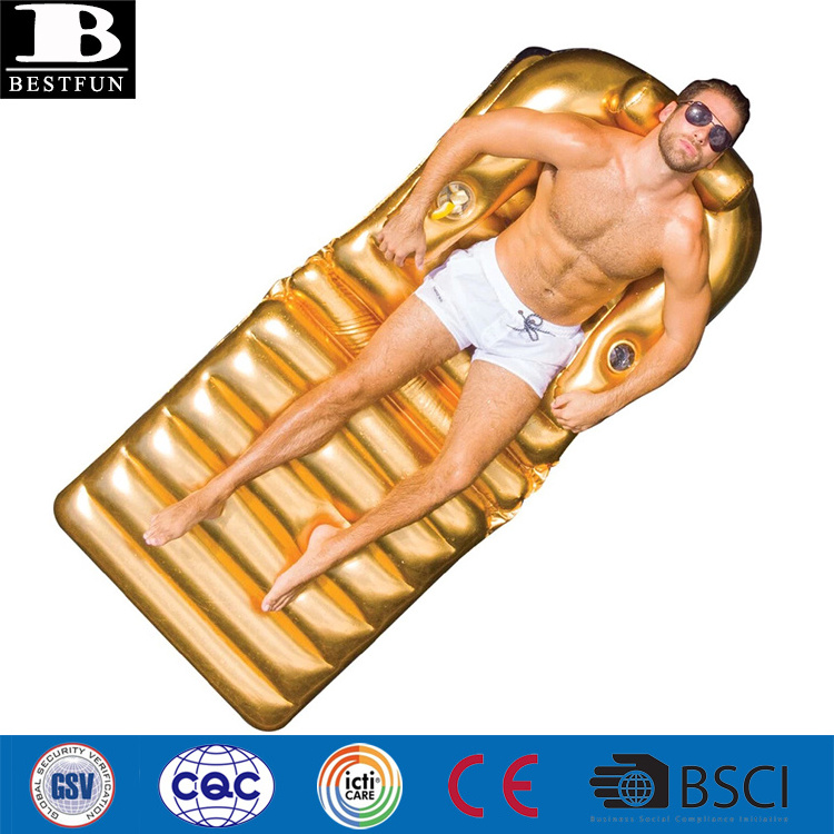 vinyl gold inflatable 2-in-1 sun lounger chair pool float durable plastic blow up water golden sofa bed floating raft