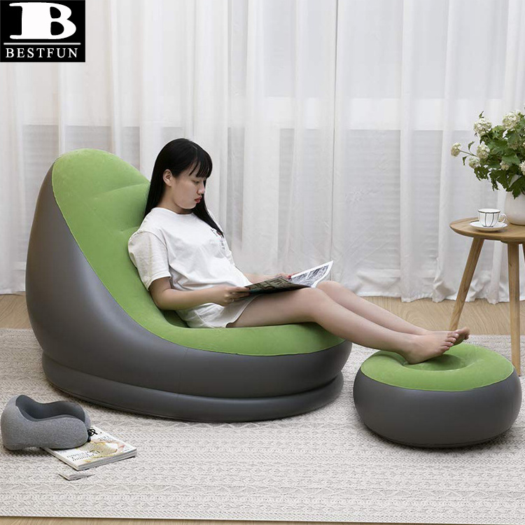 flocking green inflatable lounge chair with ottoman folding portable blow up chaise air lazy sofa set