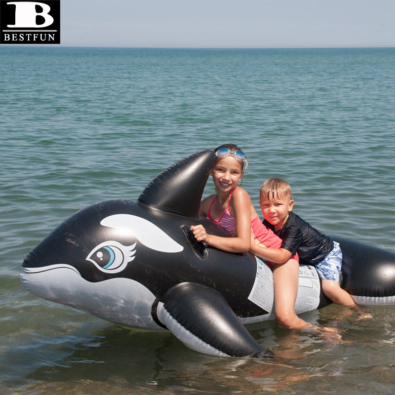 PVC inflatable killer whale pool ride-on float with built-in handles animal rider swimming floating toys for kids & adults