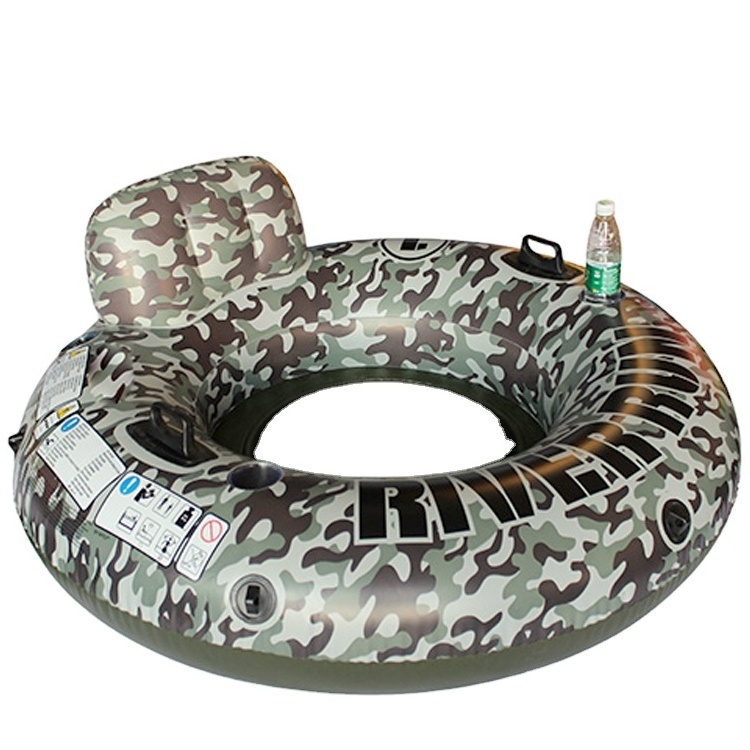 thick PVC camouflage color inflatable mesh float lounge tube with handles and cup holder backrest river run water lounger chair