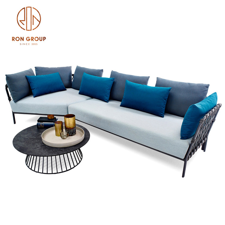 Hot Sale Patio Garden Swimming Pool Hotel Furniture Blue Grey Color Cushion Rattan Wicker Fabric Leisure Outdoor Furniture Set