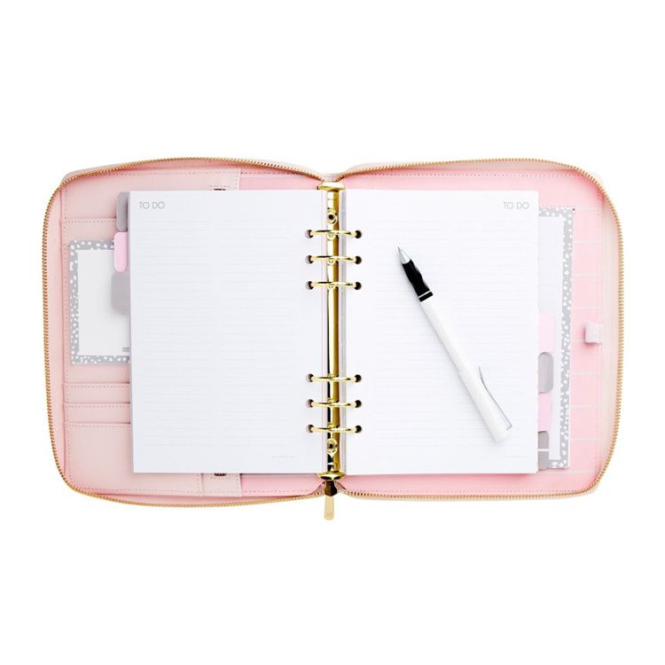 Personalized A5 Pink PU leather daily organizer planner cover 6 ring binder zip closure custom journal book