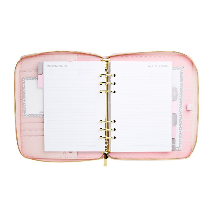 Personalized A5 Pink PU leather daily organizer planner cover 6 ring binder zip closure custom journal book