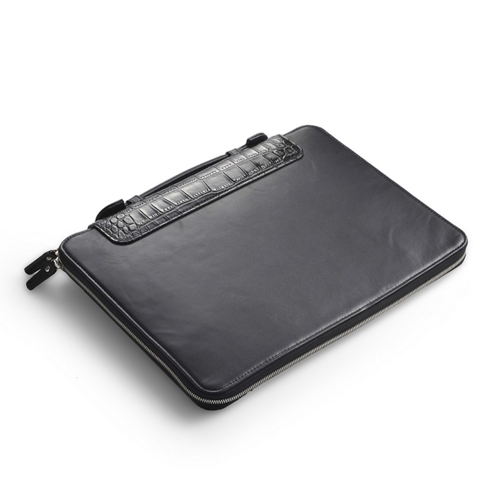 Black leather expanding file folder carrying case with handle