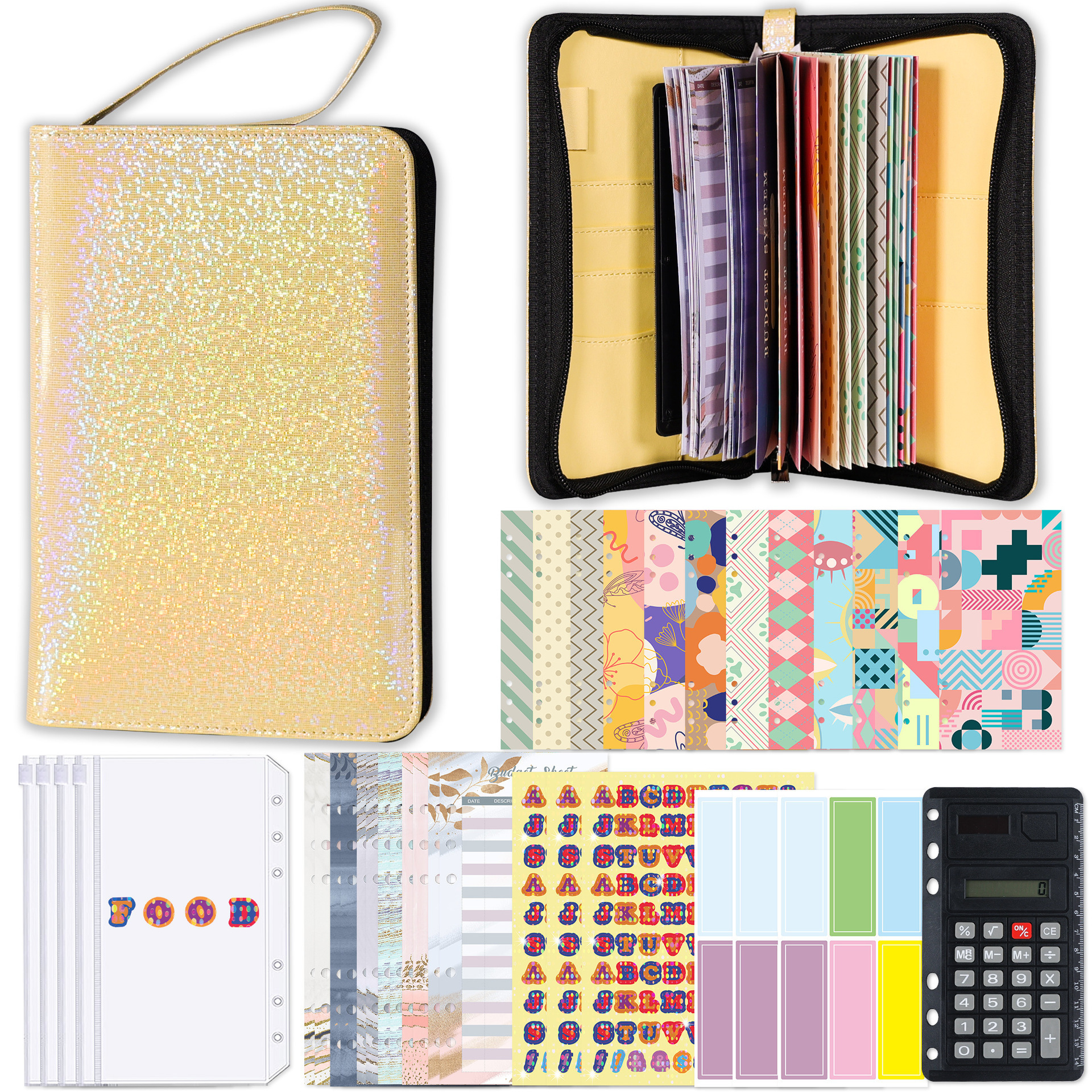 a6 budget zipper Calculator binder diary  holographic cash organiser planner binders