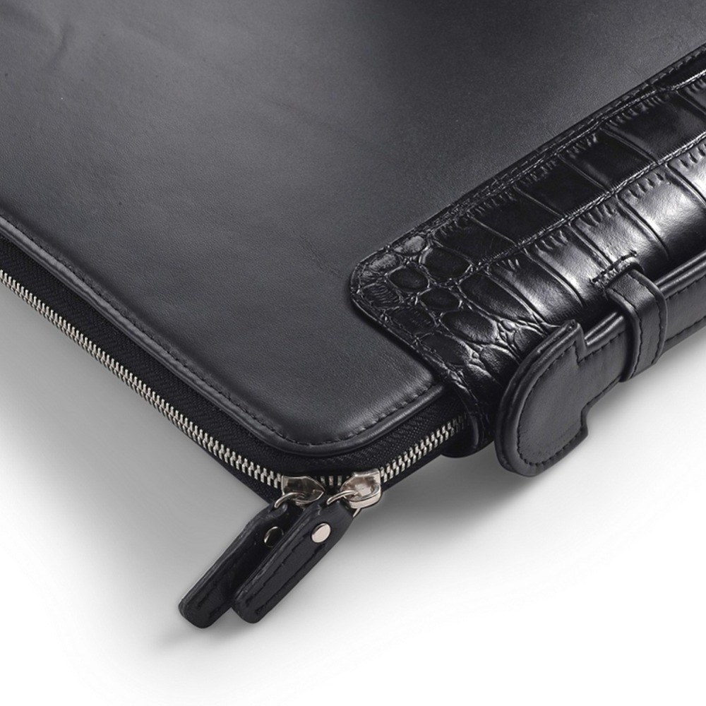 Black leather expanding file folder carrying case with handle