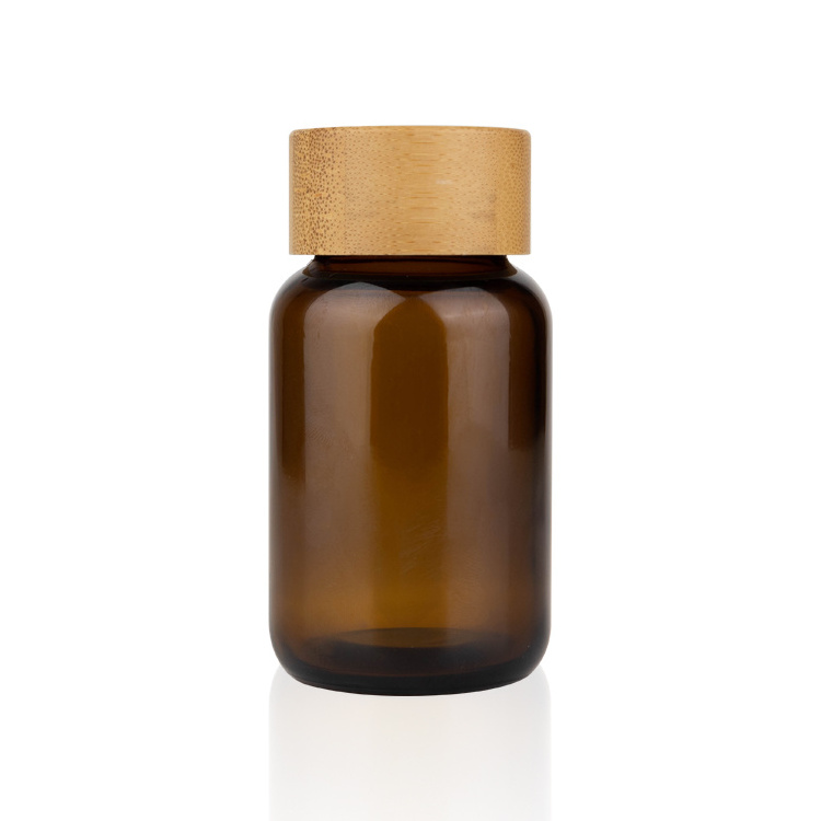 supplement vitamin bottle 60ml 100ml 120ml 150ml 200ml 250ml wide mouth amber glass capsule bottle bamboo lid with sticker label