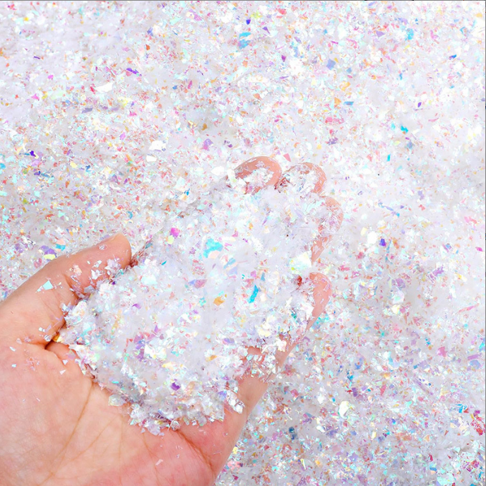 Artificial flakes fake snow powder PET iridescent white flash flakes for Christmas decoration