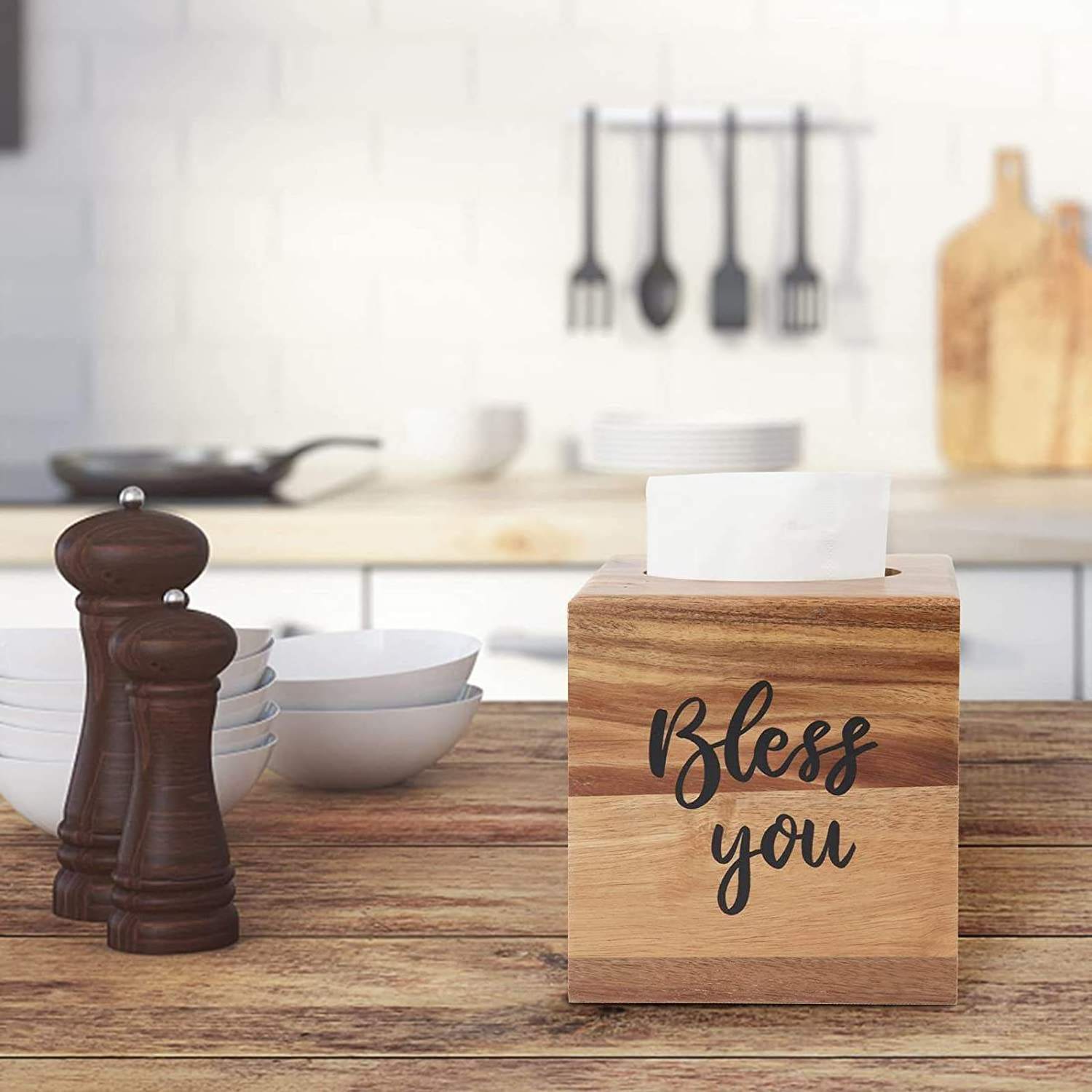 Bless You Facial Paper Holder Home Decor Napkin Dispenser Wood Tissue Paper Box Restaurant Vanity Countertops Square Tissue Box