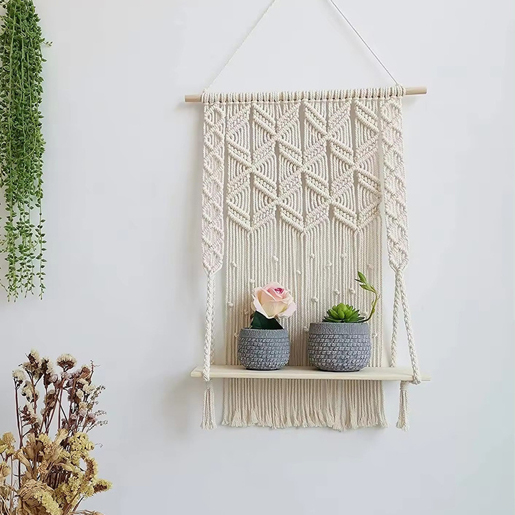 Boho Home Wall Decoration Handmade Cotton Rope Bohemian Macrame Cord Wood Woven Hanging Plant Hangers Shelf