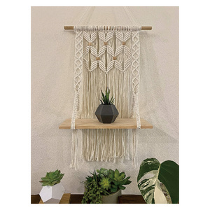 Home Boho Decor Handmade Cotton Rope Macrame Woven Cord Wood Wall Hanging Shelf Plant Hangers