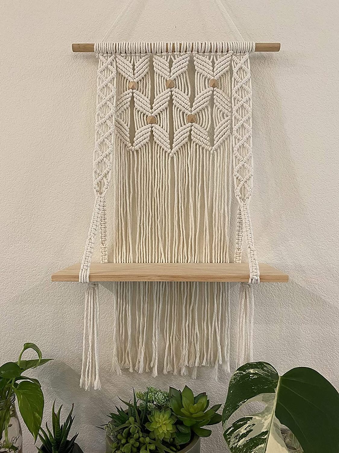 Home Boho Decor Handmade Cotton Rope Macrame Woven Cord Wood Wall Hanging Shelf Plant Hangers