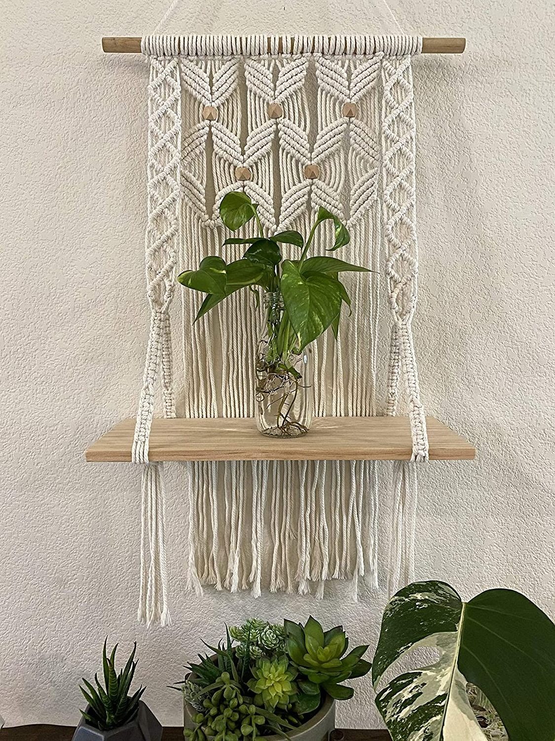 Home Boho Decor Handmade Cotton Rope Macrame Woven Cord Wood Wall Hanging Shelf Plant Hangers