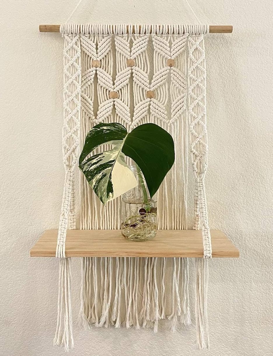 Home Boho Decor Handmade Cotton Rope Macrame Woven Cord Wood Wall Hanging Shelf Plant Hangers