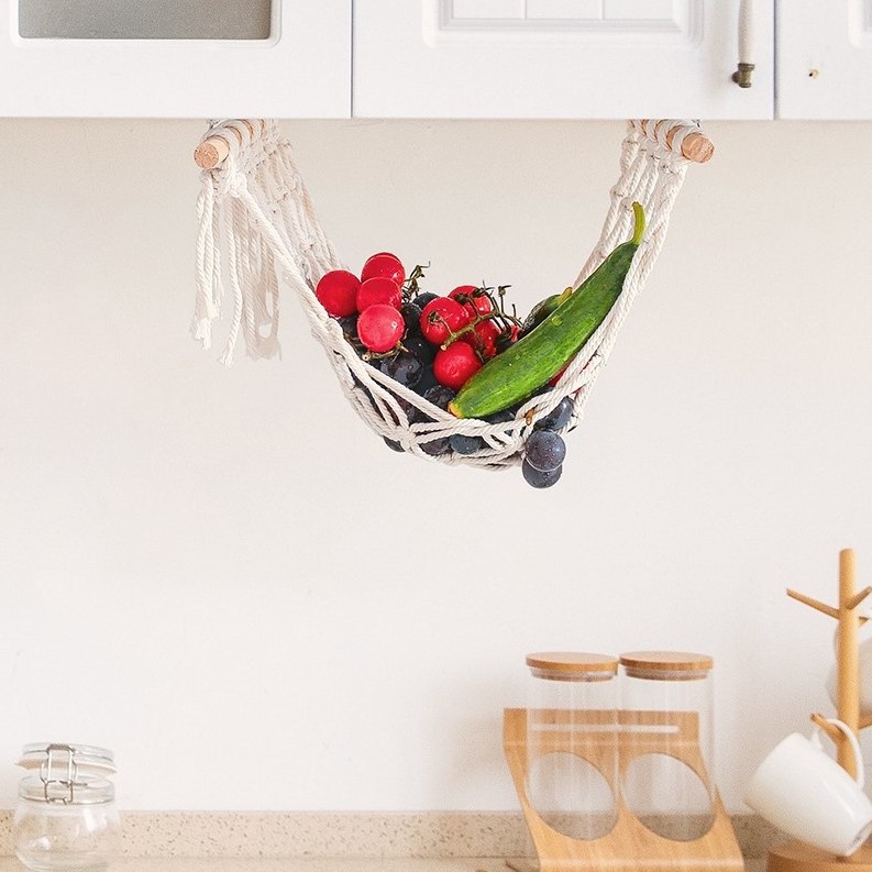 Boho Kitchen Decor Hanging Storage Basket Holder Banana Macrame Fruit Hammock