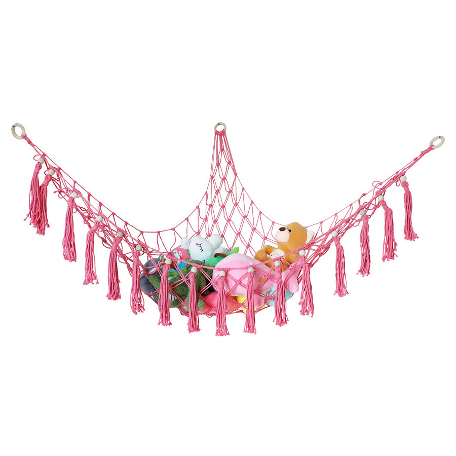 Home Boho Decor Stuffed Animal Toy Macrame Hammock Corner Hanging Tassels Net Toy Organizer Storage Holder