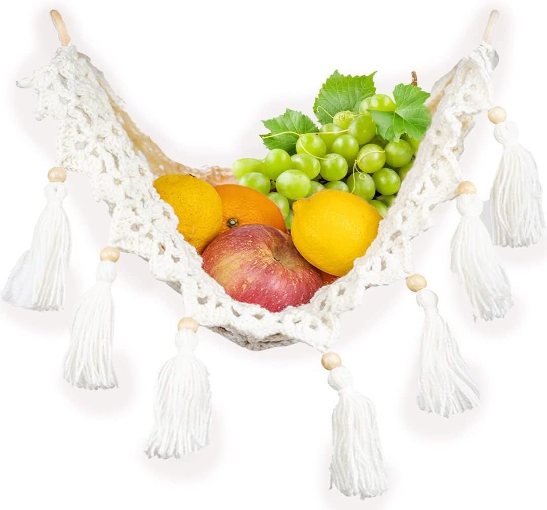 Home Kitchen Boho Decor Handmade Wall Mounted Cotton Rope Woven Hanging Macrame Storage Basket Fruit Hammock