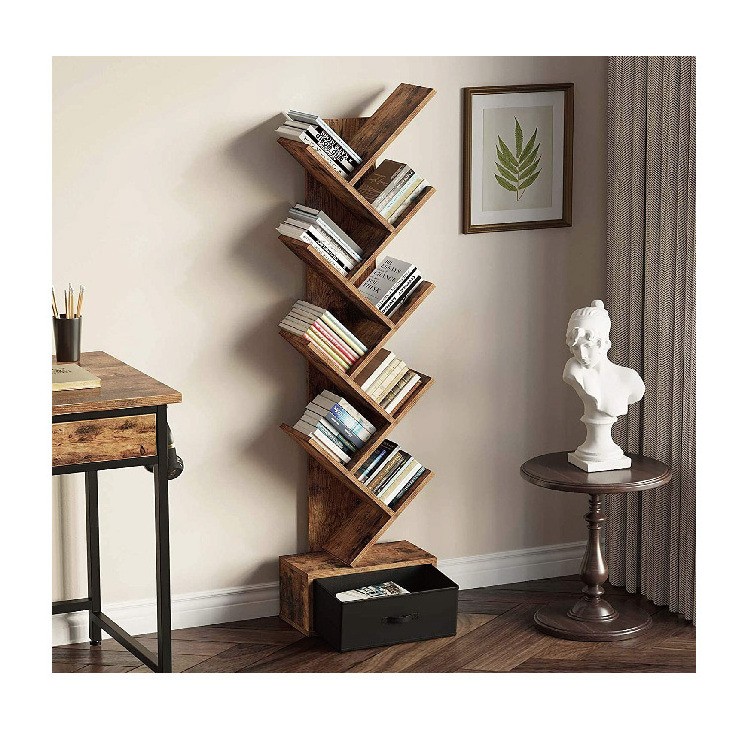 Bookshelf with Drawer, 9-Tier Tree Bookshelf, Wooden Bookshelves Storage Rack