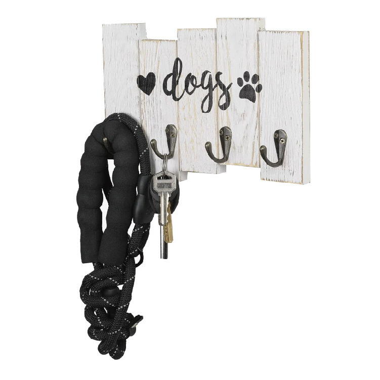 Rustic Whitewashed Wooden Wall-Mounted Dog Leash Holder Key Hanging Holder Rack Storage for Keys and Leashes