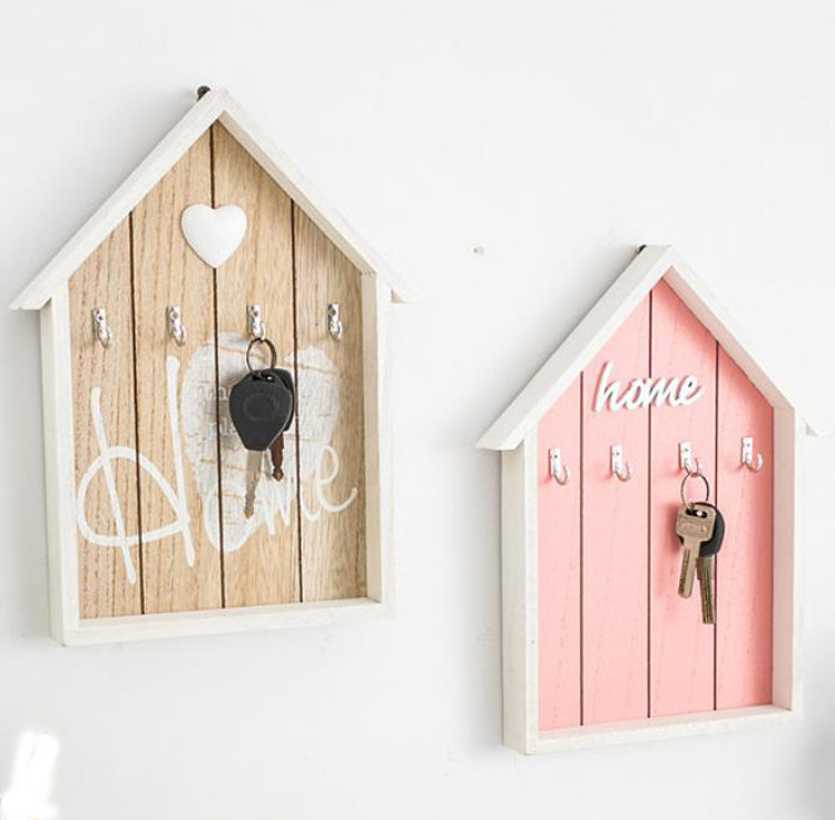 Wood wall mounted hanging key holder box hook