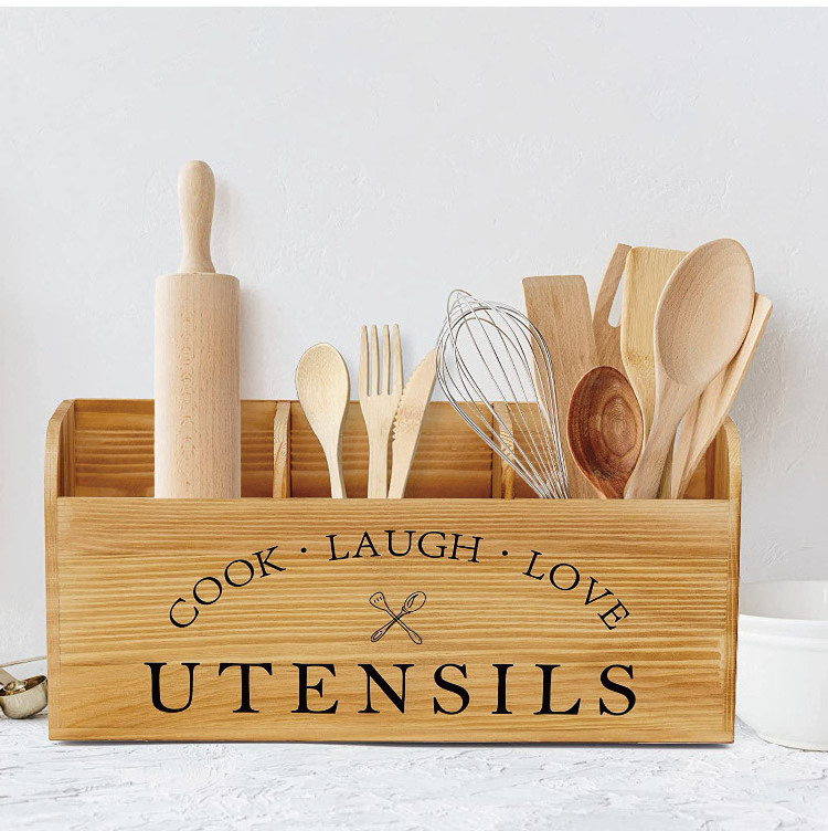 Farmhouse Wooden Kitchen Utensil Holder Storage Box Multifunctional Design Kitchen Tableware Cooking Tools Storage Box