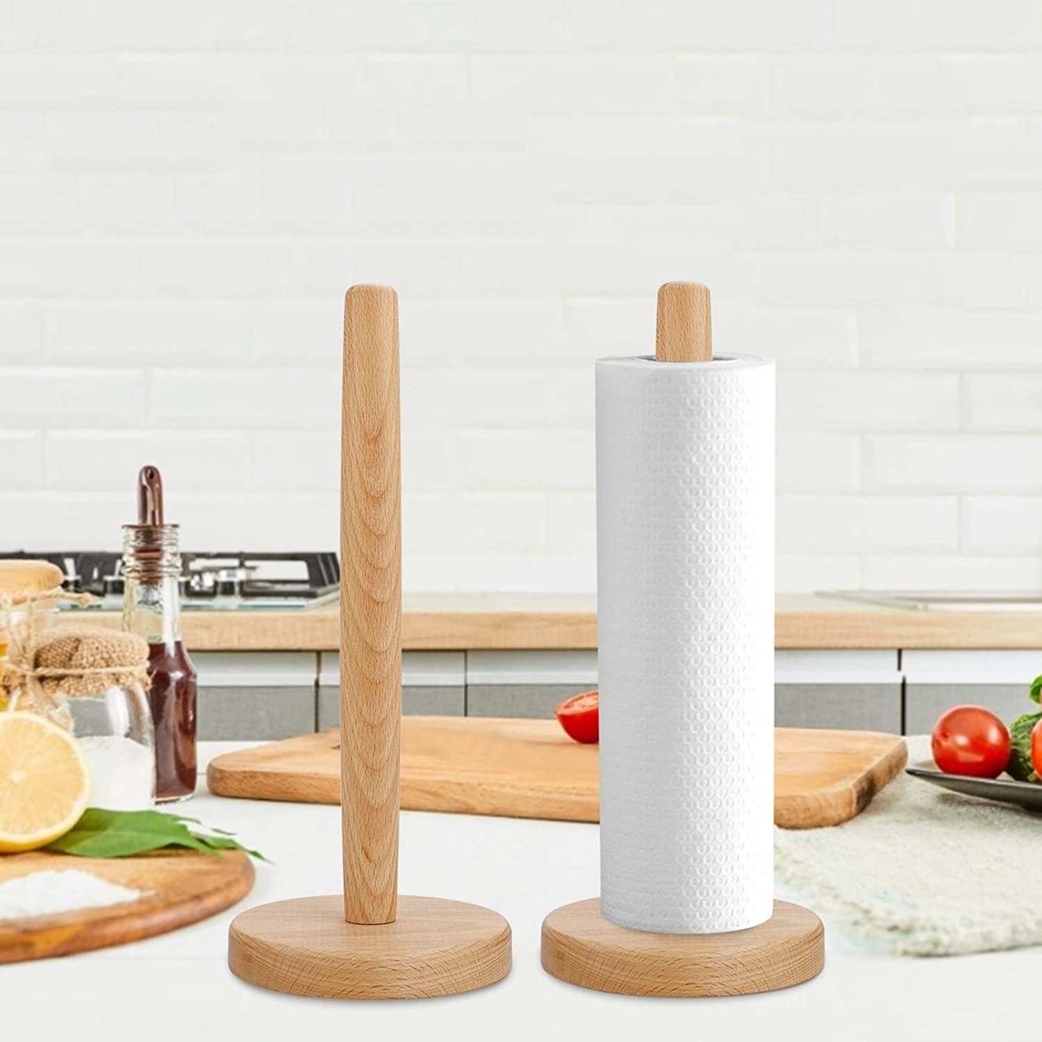 Kitchen Countertop Bathroom Wood Paper Towel Holder Hanger Rack Towel Roll Stand Organizer