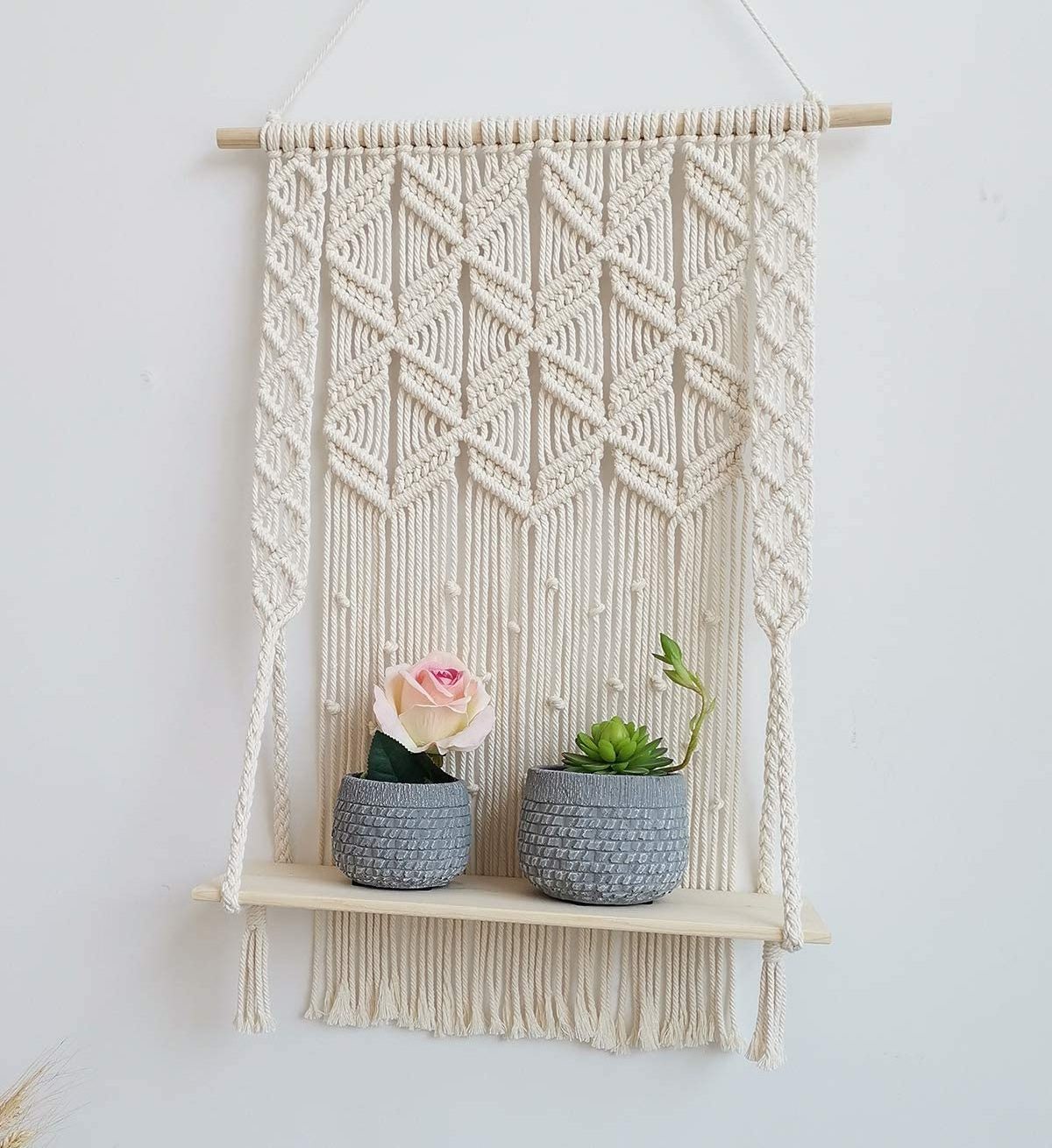 Boho Home Wall Decoration Handmade Cotton Rope Bohemian Macrame Cord Wood Woven Hanging Plant Hangers Shelf