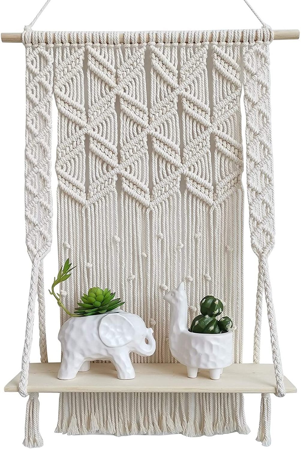 Boho Home Wall Decoration Handmade Cotton Rope Bohemian Macrame Cord Wood Woven Hanging Plant Hangers Shelf