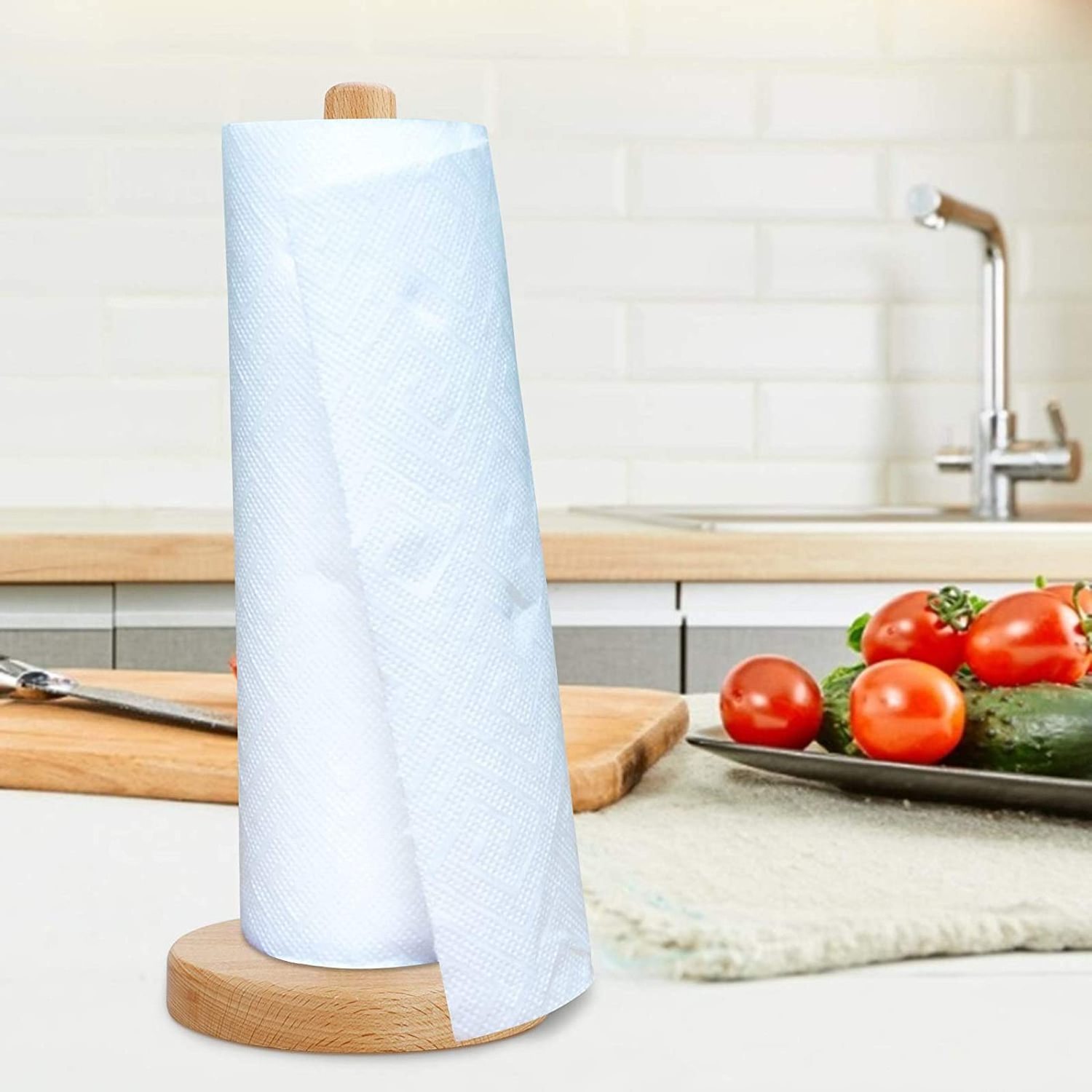 Kitchen Countertop Bathroom Wood Paper Towel Holder Hanger Rack Towel Roll Stand Organizer