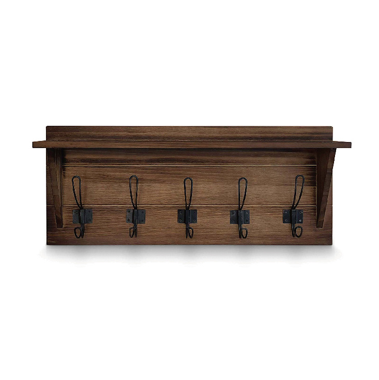 Rustic Brown Wooden Country Wall Mounted Coat Rack Shelf with 5 Rustic Hooks