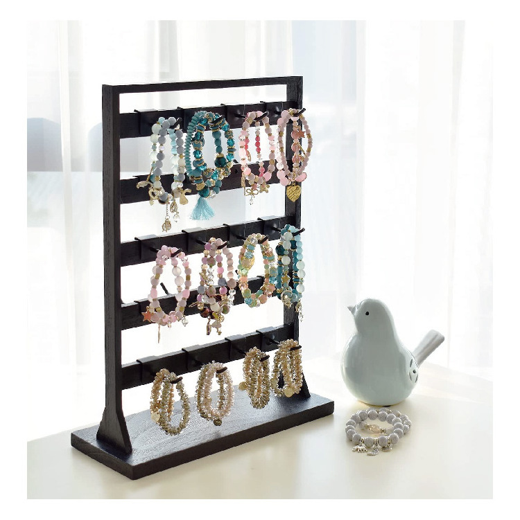 Wooden Jewelry Display Rack with 20 White Hooks, Earring Display Holder Stand