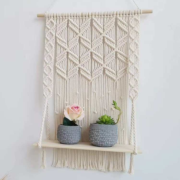 Boho Home Wall Decoration Handmade Cotton Rope Bohemian Macrame Cord Wood Woven Hanging Plant Hangers Shelf