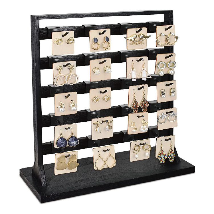 Wooden Jewelry Display Rack with 20 White Hooks, Earring Display Holder Stand