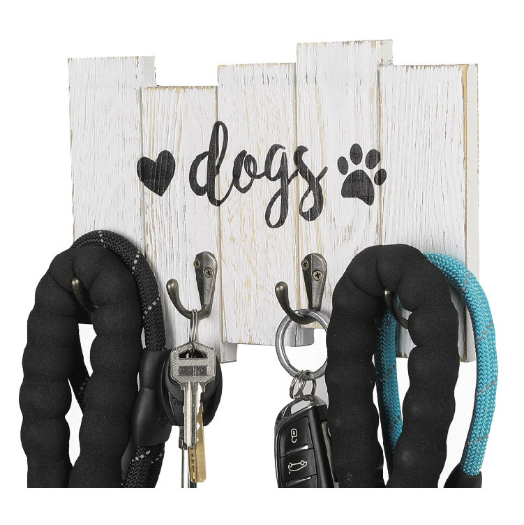 Rustic Whitewashed Wooden Wall-Mounted Dog Leash Holder Key Hanging Holder Rack Storage for Keys and Leashes