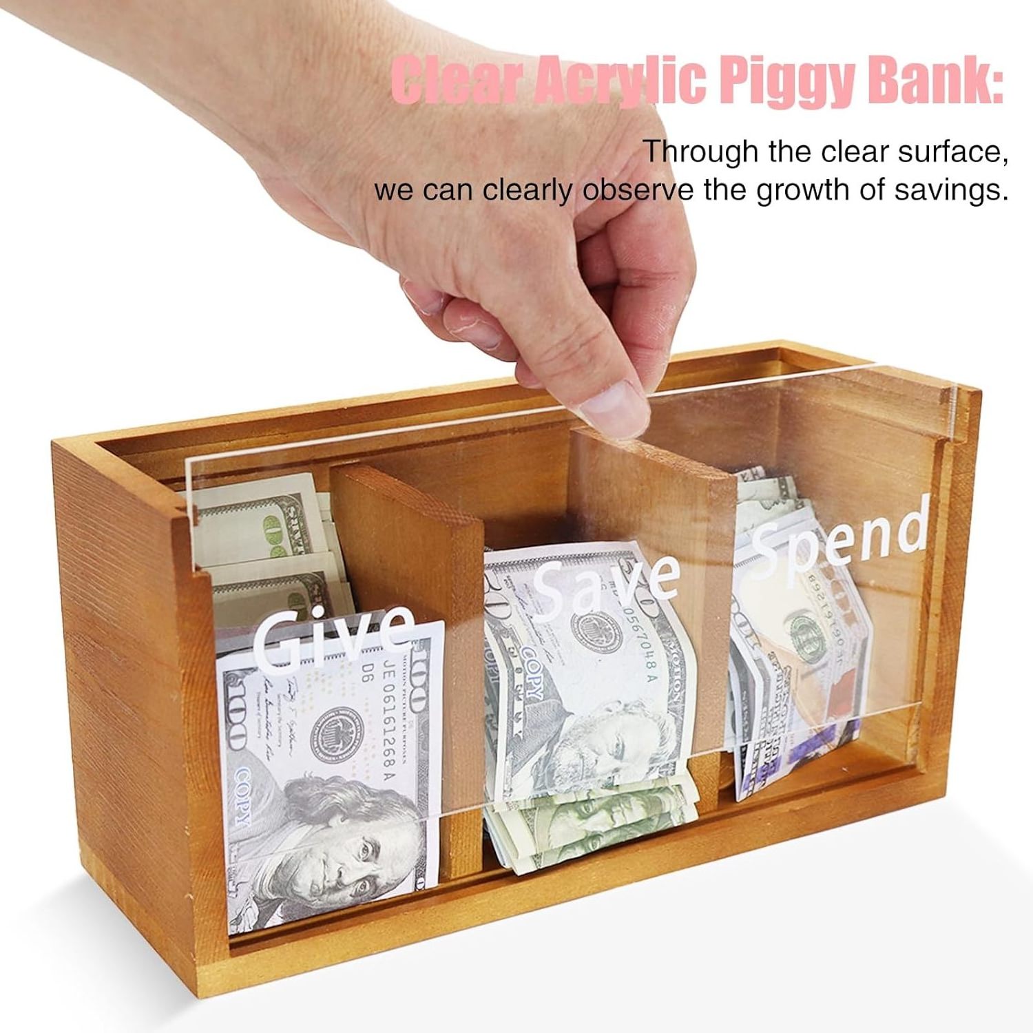 Decorative Wooden Piggy Banks Spend Save Give Kids Money Box Coin Cash Savings Bank