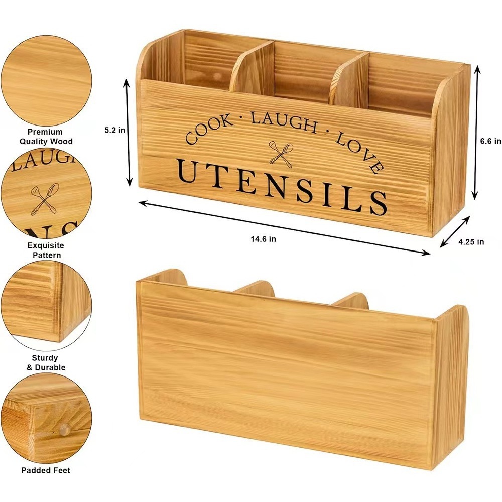 Farmhouse Wooden Kitchen Utensil Holder Storage Box Multifunctional Design Kitchen Tableware Cooking Tools Storage Box